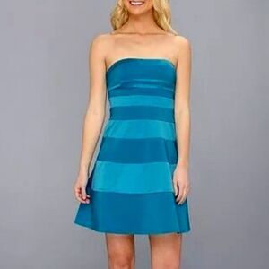 Jessica Simpson Teal Blue Striped Strapless A-Line Cocktail Party Dress 14 NWT